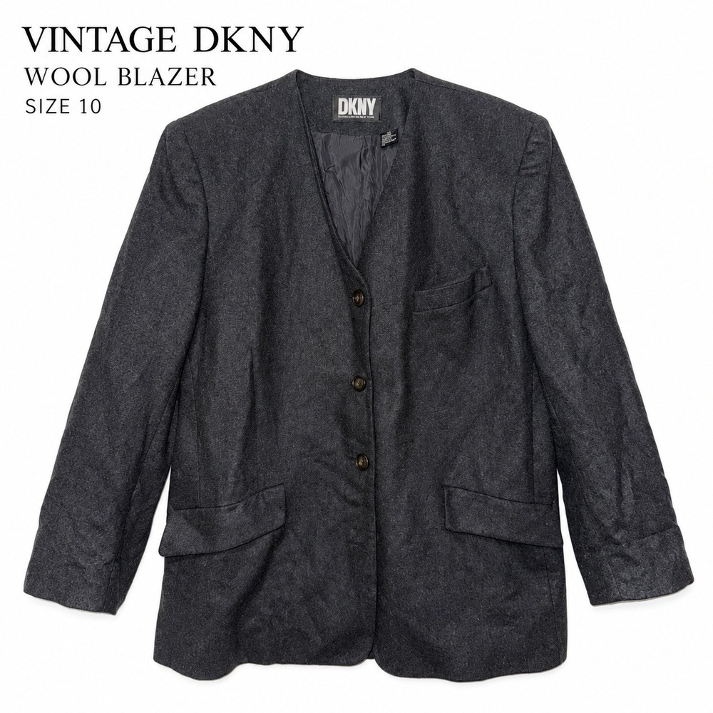 Vintage DKNY Womens Size 10 Wool Cashmere Blazer Gray Collarless Jacket
